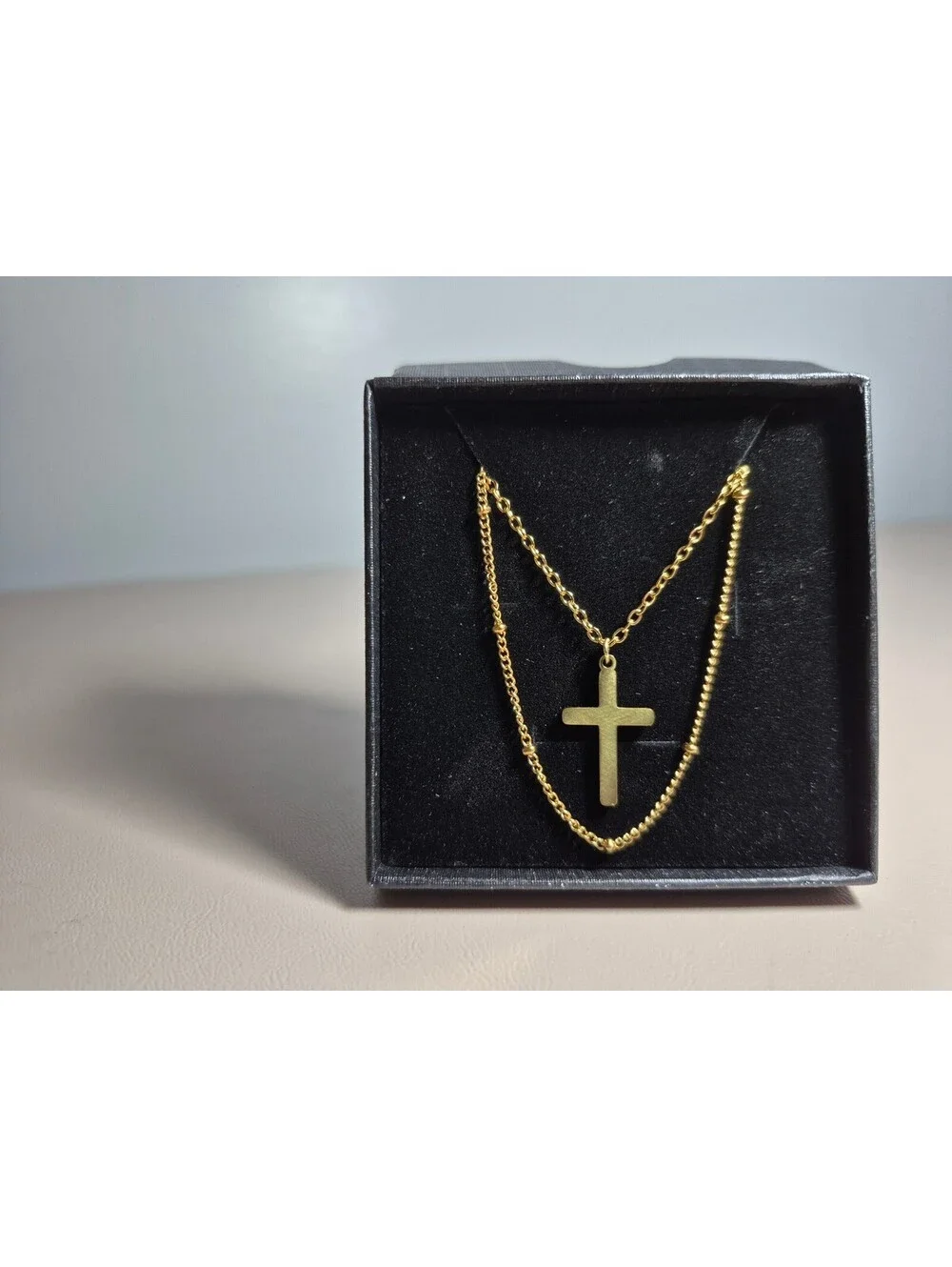 Gold-Tone Layered Cross Pendant Beaded Chain Necklace Set of 2